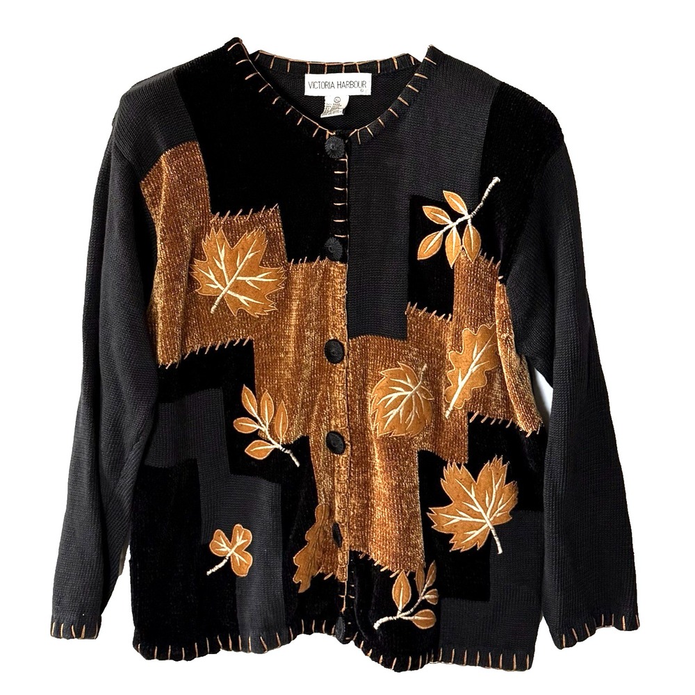 Vintage Victoria Harbour Cardigan Womens XL Fall  Leaves Patchwork Stitching Hem